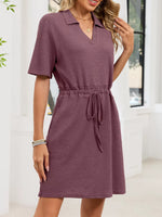Casual Knit Polo Collar Drawstring Waist Dress
