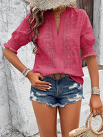 Eyelet Notched Flounce Sleeve Blouse