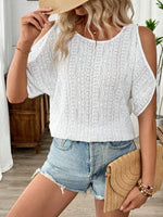 Eyelet Cold Shoulder Round Neck Blouse