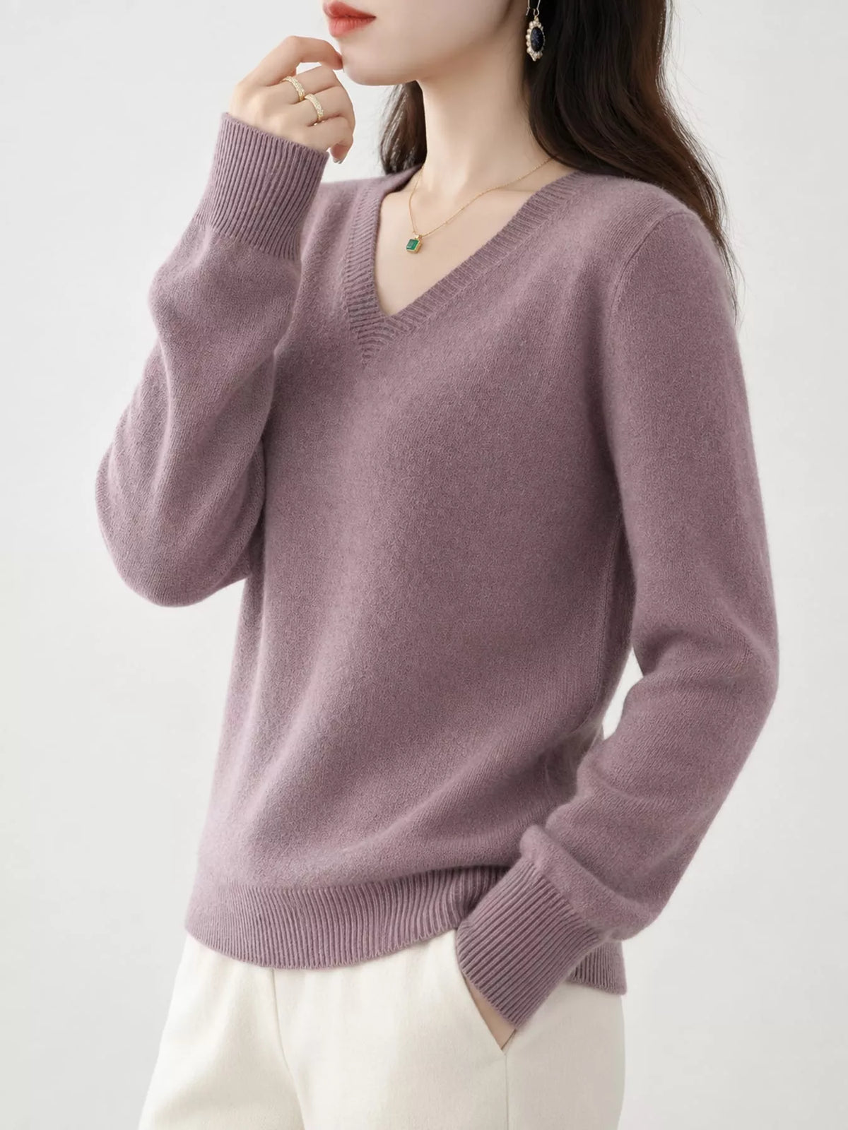 V-Neck Solid Color Sweater
