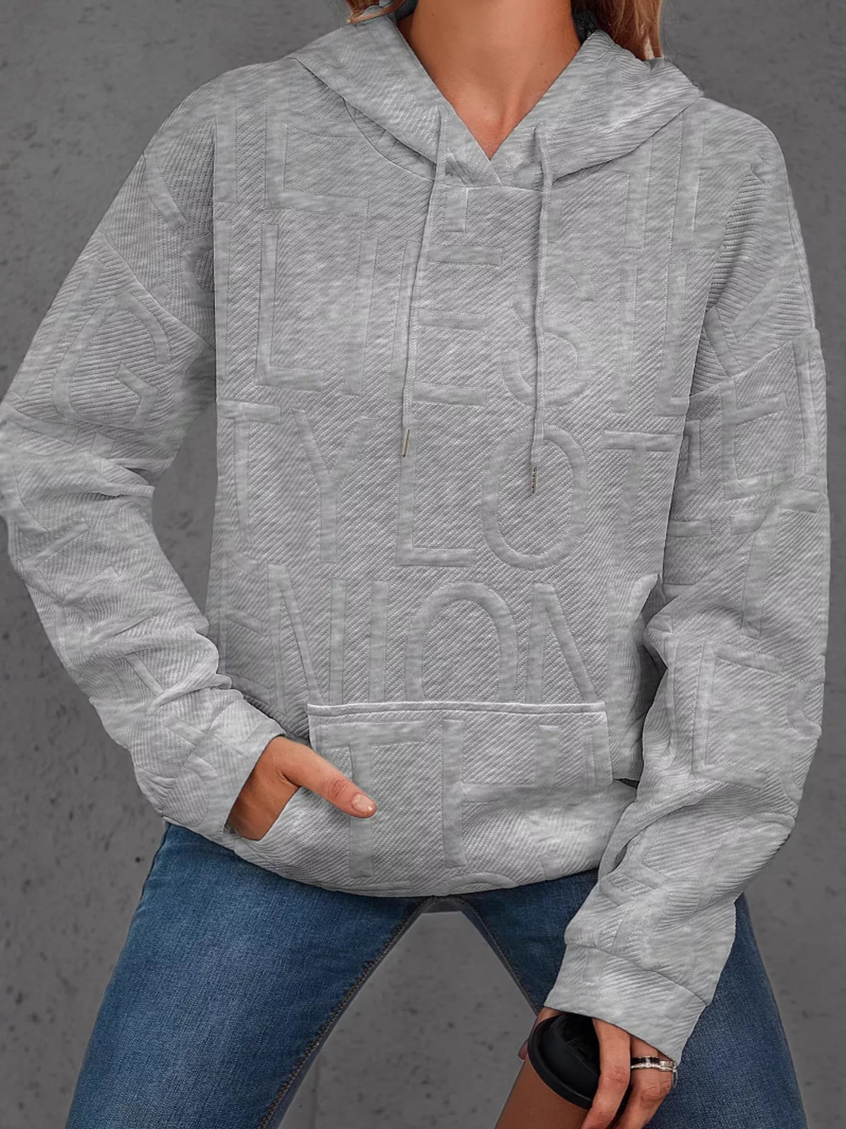 Full Size Textured Embossed Long Sleeve Hoodie Plus Size
