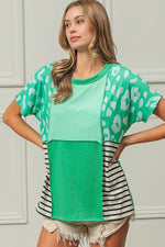 BiBi Leopard and Stripe Color Block Top With Exposed Seam