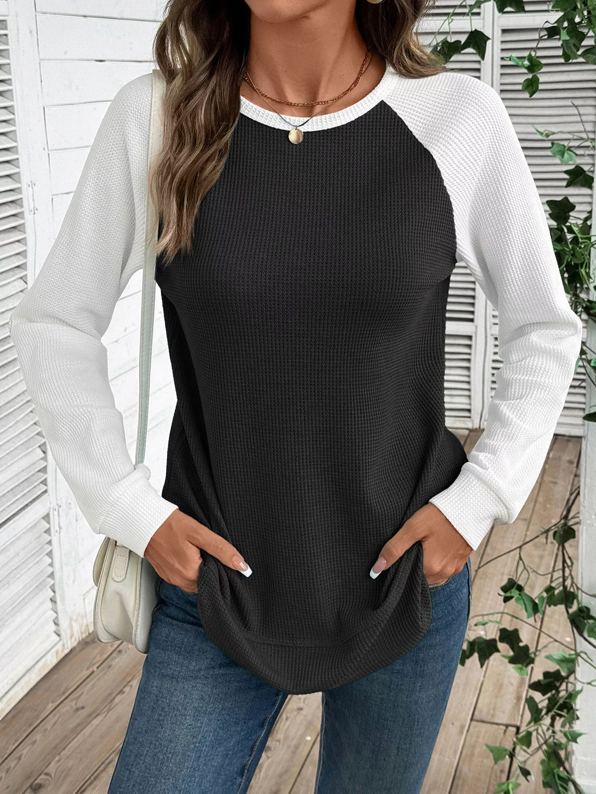 Contrast Raglan Sleeve Waffle Knit T-Shirt
