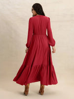 V-Neck Balloon Sleeve Ruffled Hem Maxi Dress
