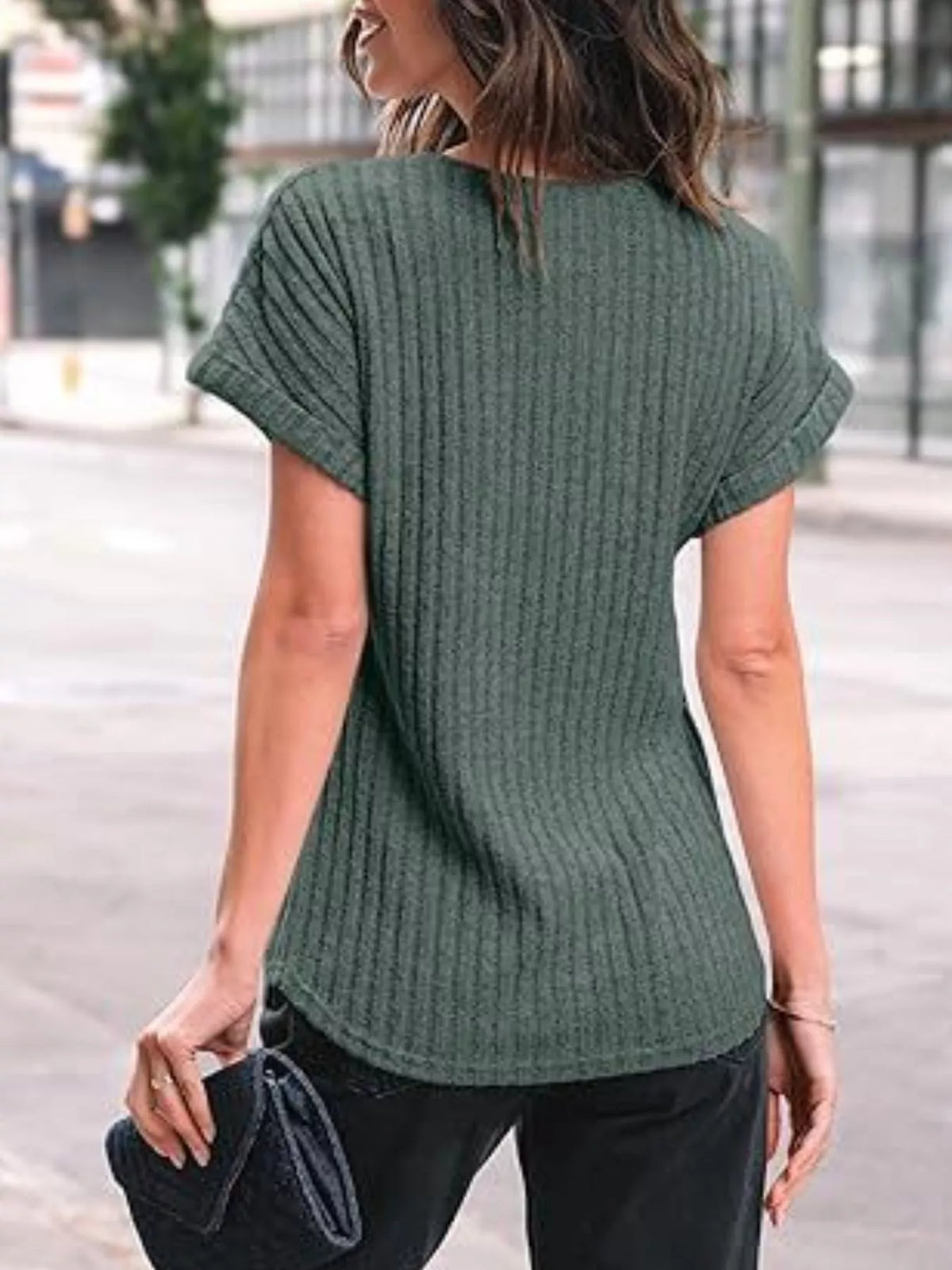 Casual Ribbed Knit Short Sleeve T-Shirt
