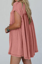 Corded Knit Textured Patched Pocket Frilled Swing Mini Dress with Pockets