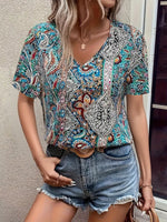 Bohemian Paisley Print V-Neck Short Sleeve T-Shirt