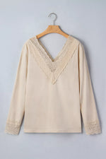 Lace Trim V Neck Long Sleeve Patchwork Pullover Top