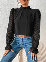 Mock Neck Sheer Lace Sleeve Blouse