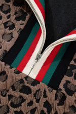 Leopard Jacquard Striped Patchwork Half Zip Short Sleeve Blouse