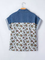 Floral Print Denim Patchwork Blouse