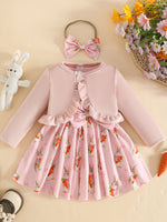 Children's Ruffled Cardigan and Bow Dress Set with Headband