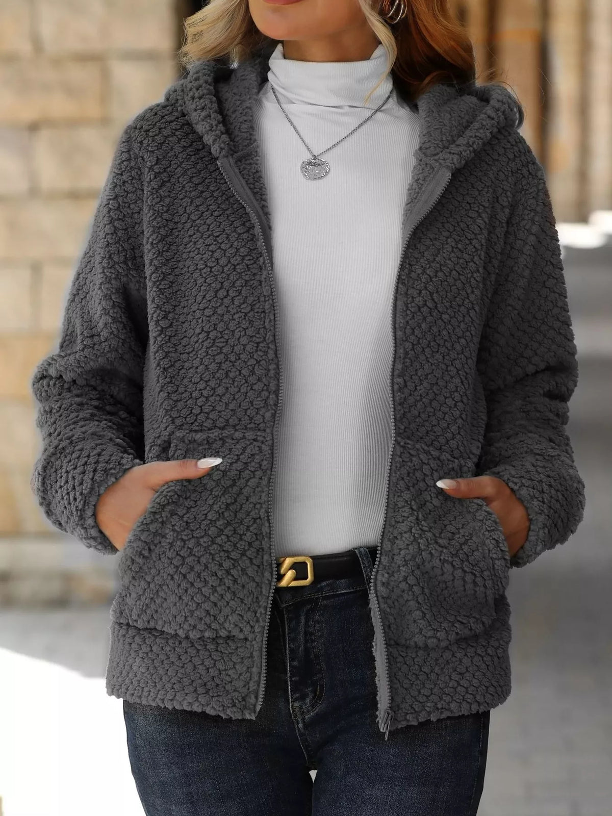 Textured Knit Zip-Up Hooded Outerwear