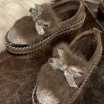 Fuzzy Bowknot Rhinestone Platform Loafers