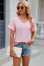 Eyelet V-Neck Short Sleeve T-Shirt