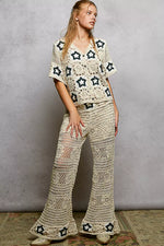 POL Button Front V-Neck Crochet Cardigan with Contast Star