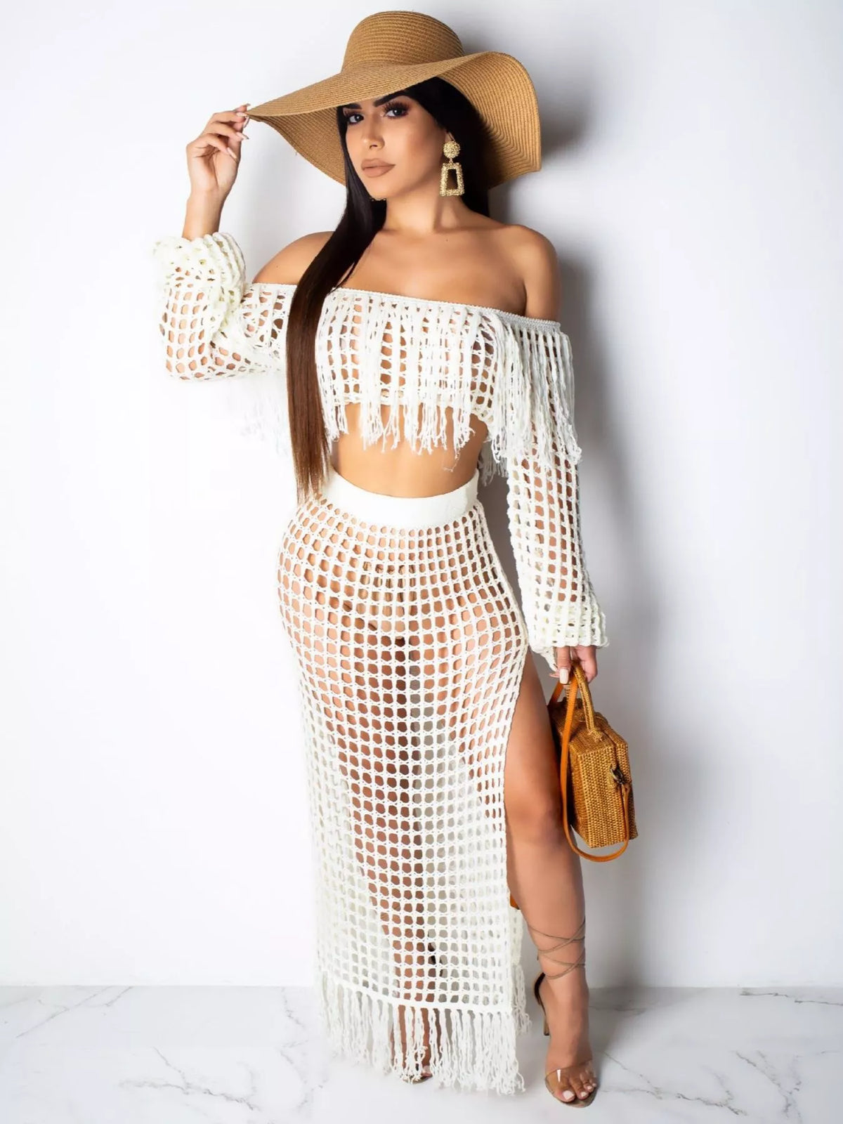 Full Size Crochet Off-Shoulder Fringe Top and Skirt Set Plus Size