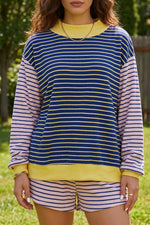 Stripe Color Block Long Sleeve Pullover Ribbed Knit Casual Shorts Set