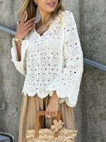 Crochet Lace V-Neck Bell Sleeve Knit Top