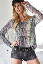 BiBi Snakeskin Print Low Gauge Hacci V Neck Top