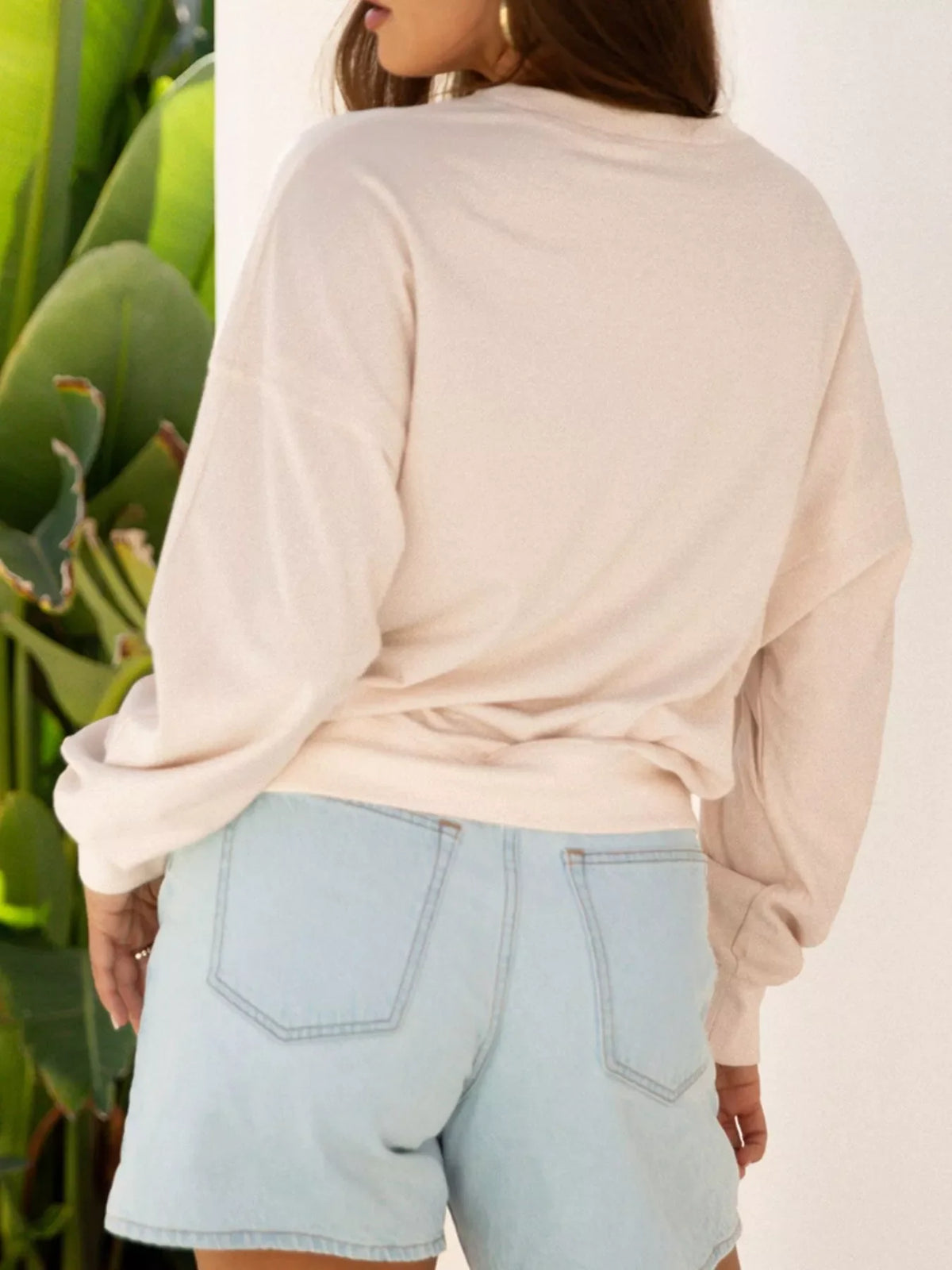 Raw Edge Flower Patch Drop Shoulder Casual Top