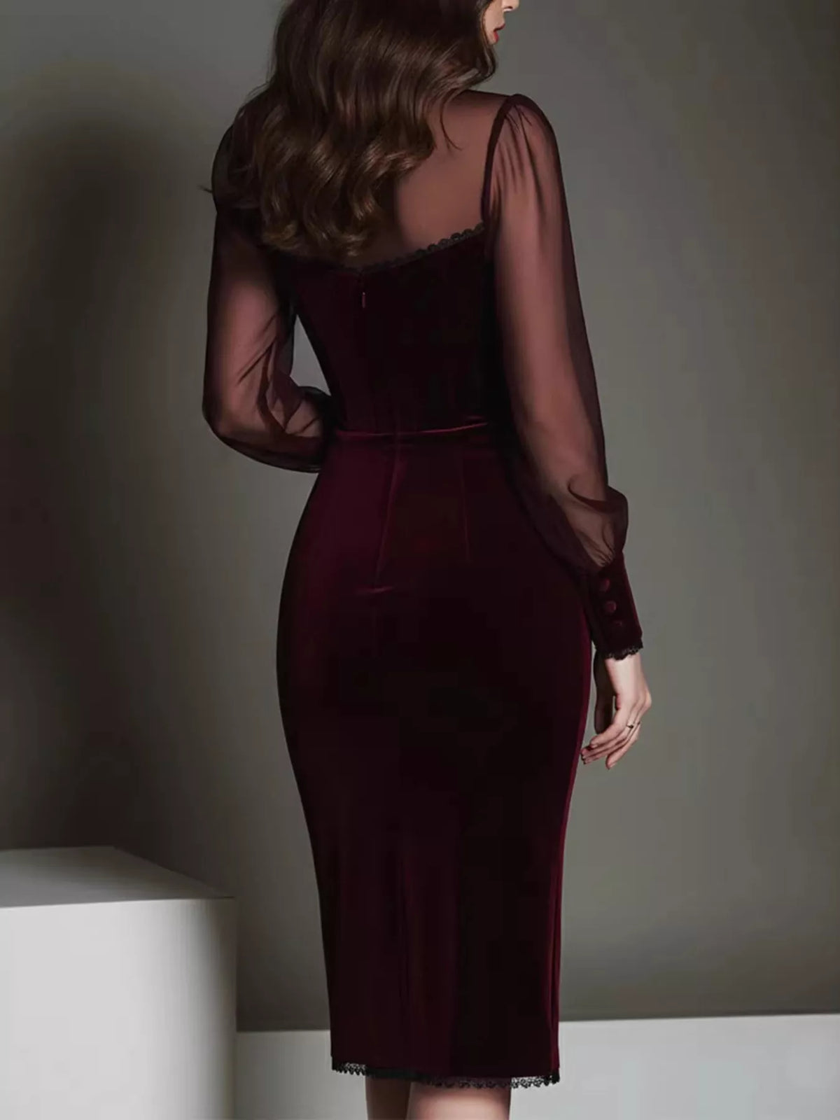 Velvet Bodycon Dress with Sheer Mesh Sleeves