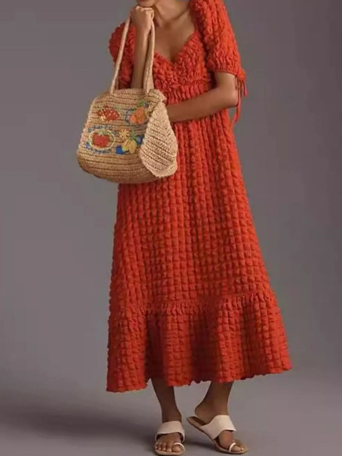 Textured Sweetheart Neck Short Sleeve Dress