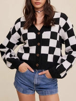 Checkerboard Pattern Button-Down Cardigan