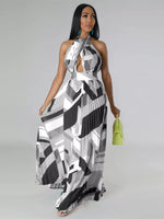 Halter Neck Geometric Print Pleated Maxi Dress