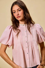 SO ME Gingham Lace Trim Button Bubble Sleeves Blouse