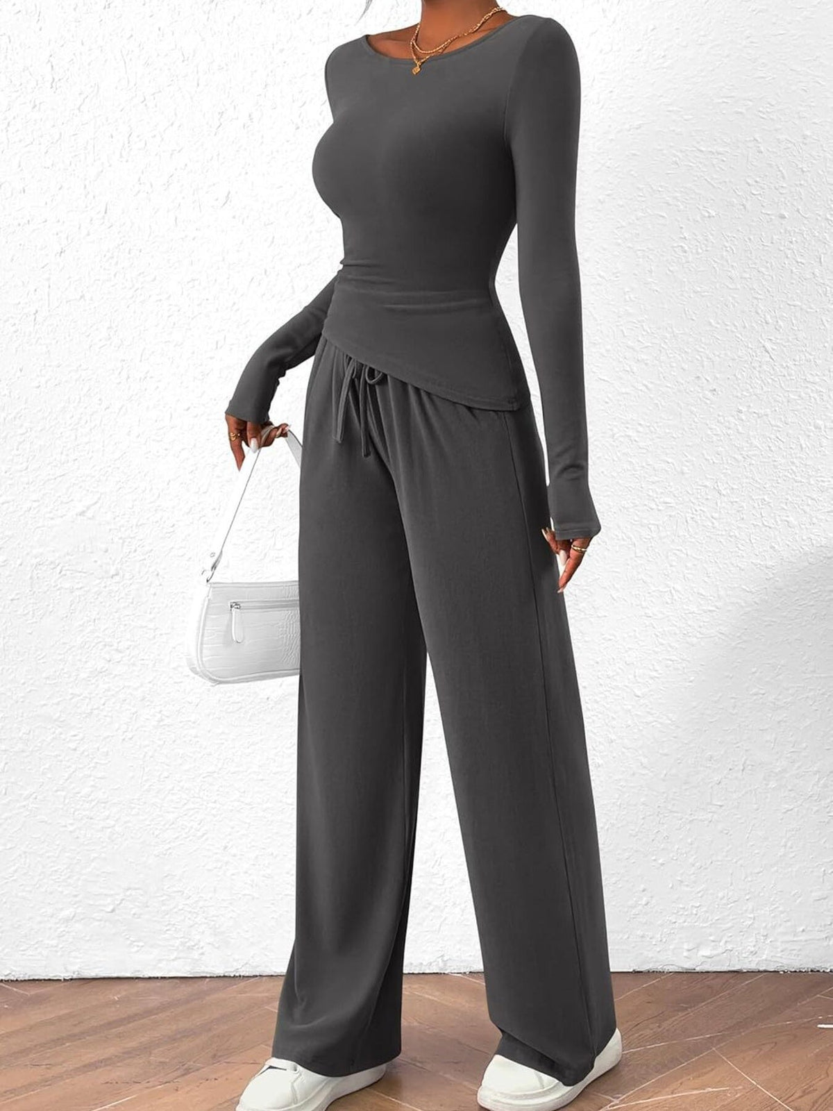 Round Neck Long Sleeve Top and Pants Set