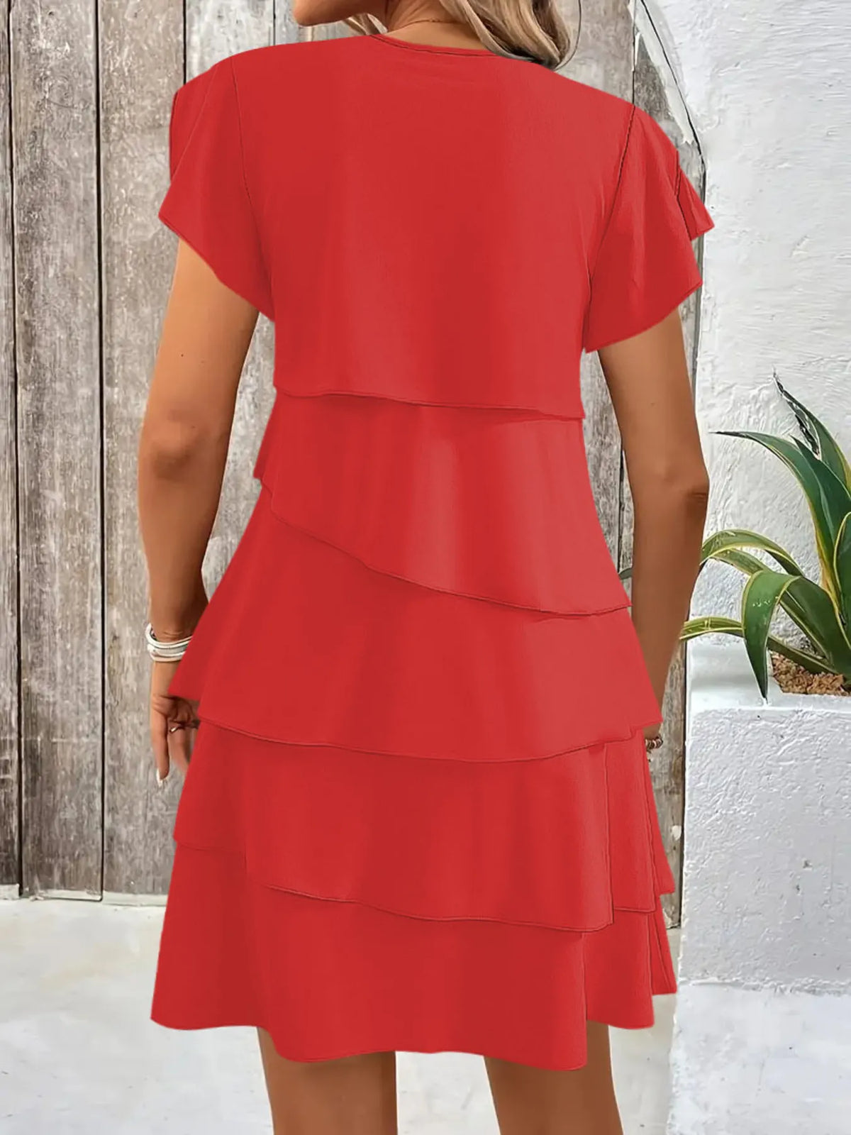Casual Layered Round Neck Ruffled Sleeve Dress