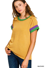Zenana Mardi Gras Raised Rib Contrast Trim Top