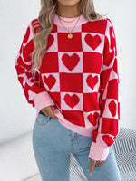 Heart Checkerboard Pattern Round Neck Sweater