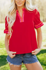 Ruffled Sleeve Notched Blouse with Striped Detail