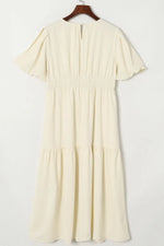 Puff Sleeve Pleated High Waist Flowy Midi Dress