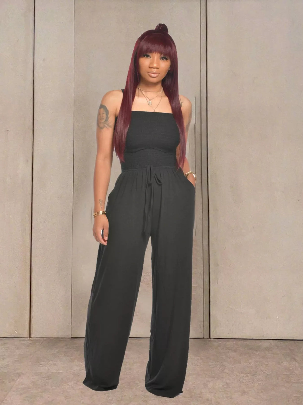Strapless Smocked Wide-Leg Jumpsuit