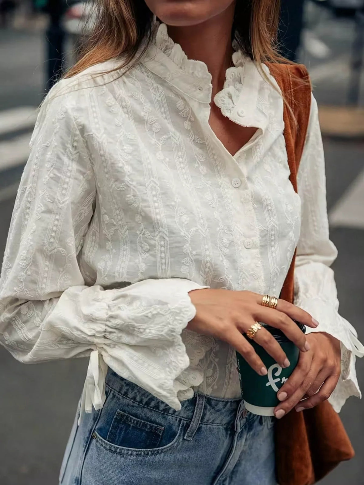 Embroidered Flounce Sleeve Shirt