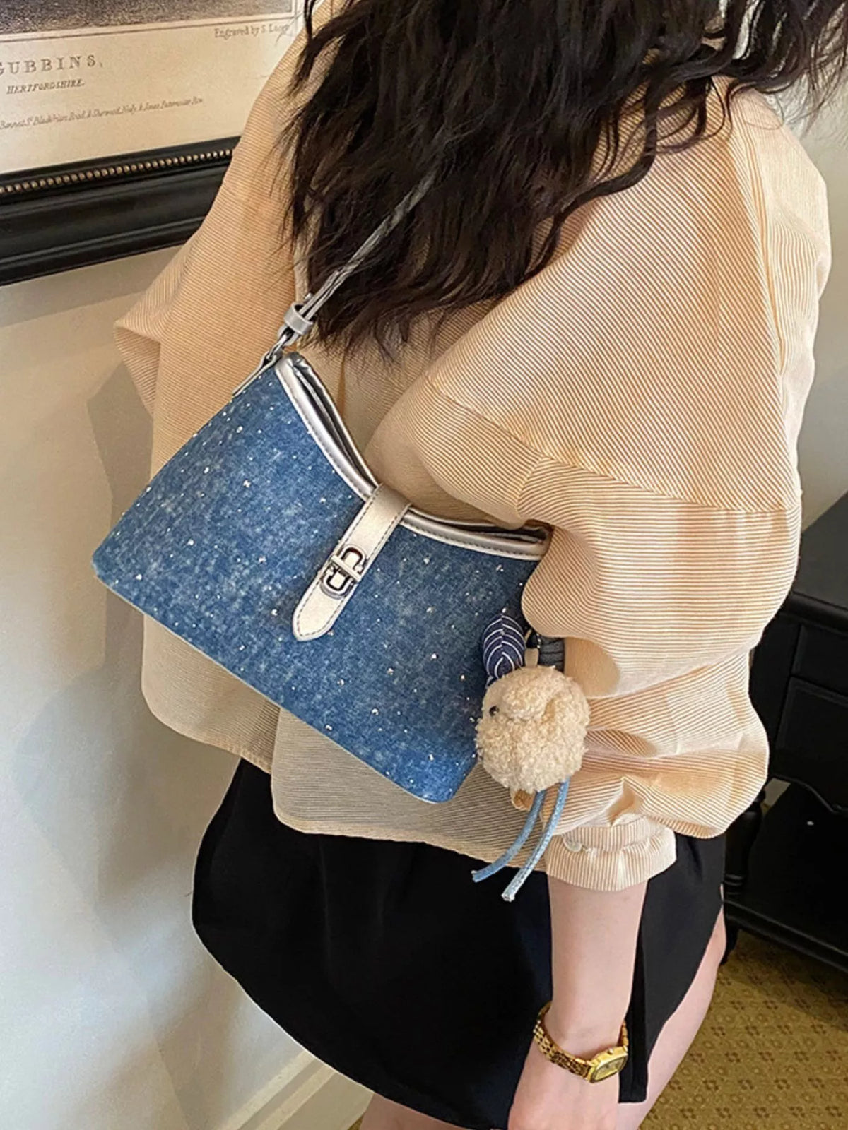 Buckle Detail Denim Shoulder Bag