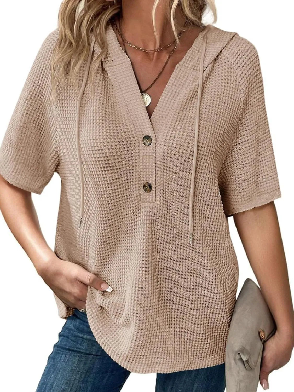 Drawstring Waffle-Knit Short Sleeve Hooded Top