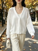 V-Neck Open-Knit Button-Down Cardigan