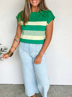 Stripe Mixed Print Crew Neck Cap Sleeve T Shirt