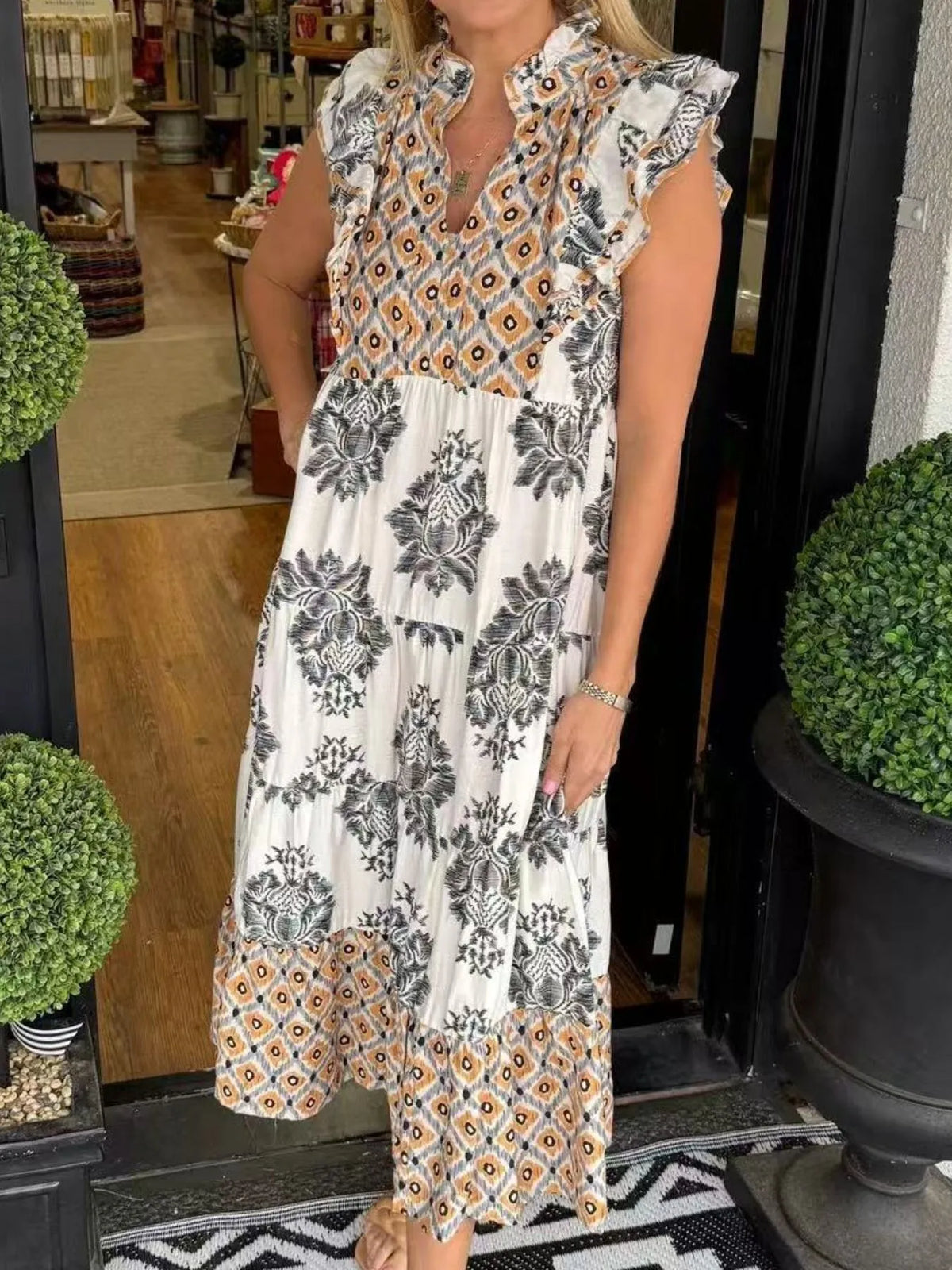Printed Notched Ruffled Cap Sleeve Dress