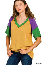 Zenana Mardi Gras Raised Rib Color Block Top