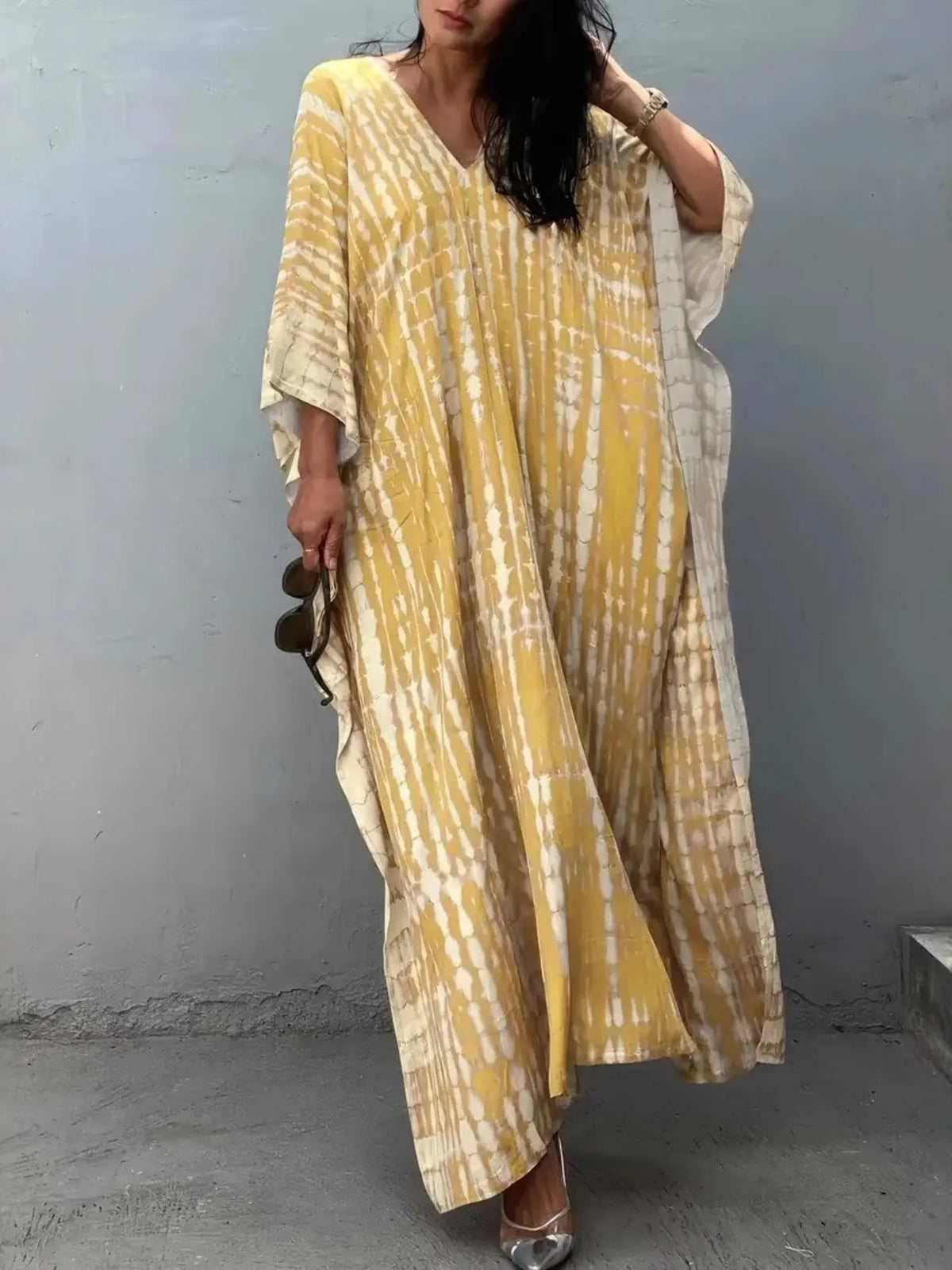 Tie-Dye V-Neck Maxi Dress with Flowy Sleeves