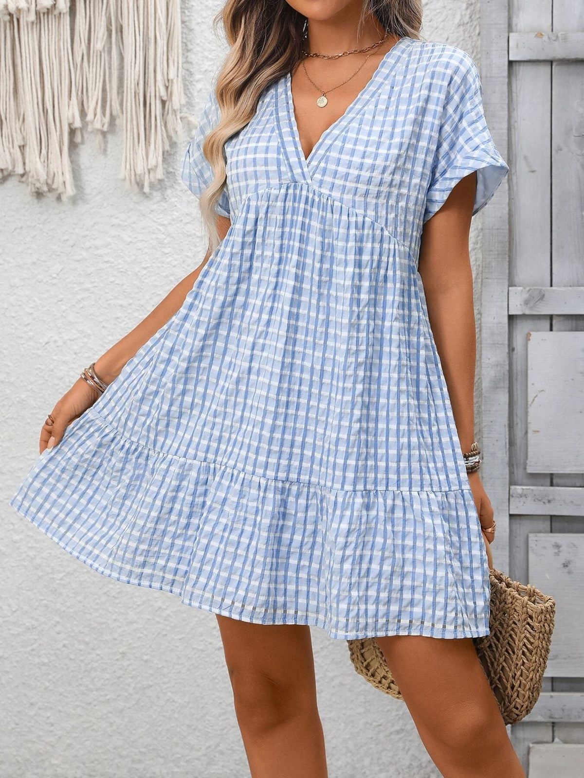 Plaid V-Neck Ruffle Hem Mini Dress