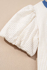Stripe Seersucker Contrast Round Neck Puff Sleeve T Shirt Dress
