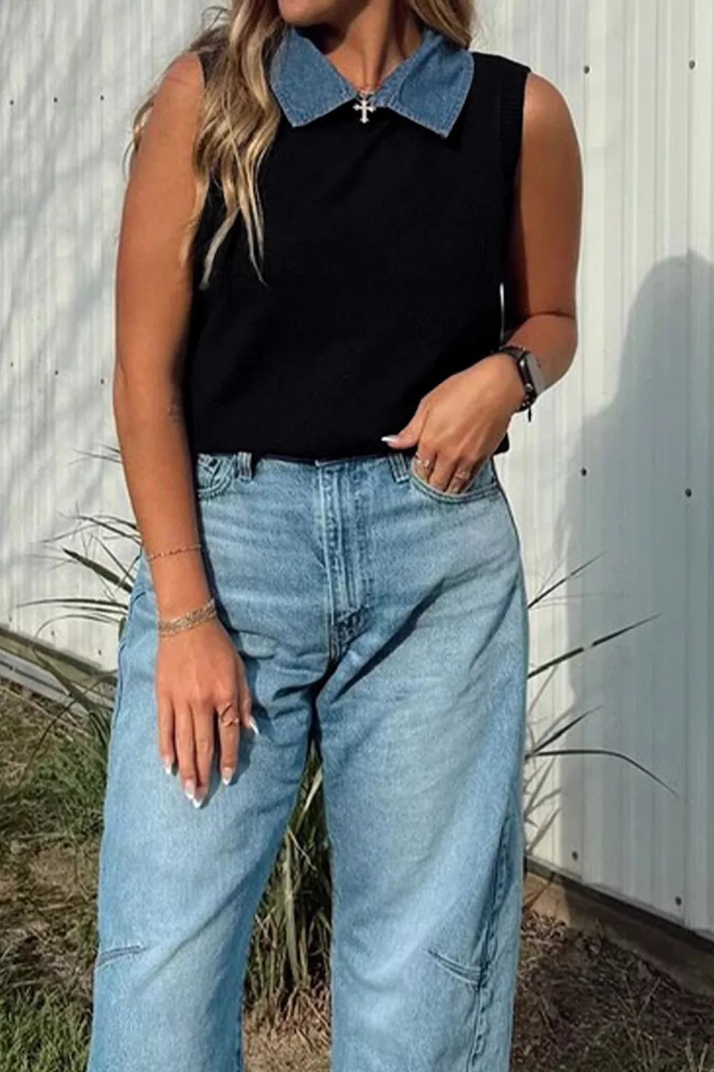 Contrast Denim Collar Sweater Vest