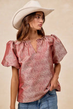 BiBi Jacquard Woven Short Balloon Sleeves V Neck Top