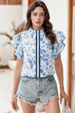 Floral Print Ruffled Short Sleeve Blouse